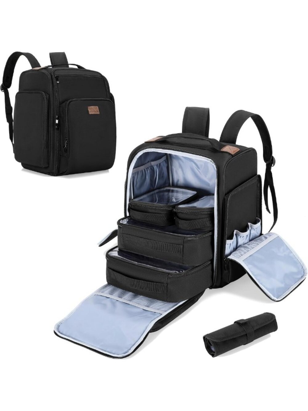 Stylish Black Makeup Backpack with 4 Removable Pouches for Easy Organization